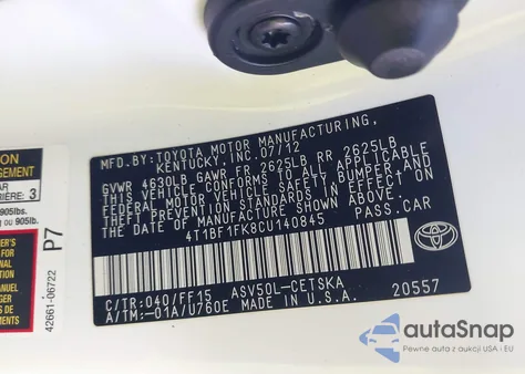 2012 Toyota Camry Se from USA, damaged, VIN 4T1BF1FK8CU140845